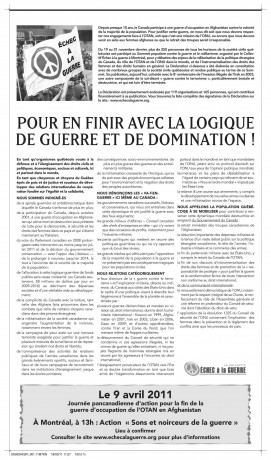 Déclaration parue dans Le Devoir le 19 mars et annonçant la manifestation du 9 avril 2011
