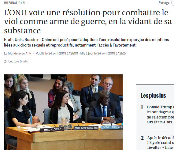 24-04-2019 : L’ONU vote une résolution pour combattre le viol comme arme de guerre, en la vidant de sa substance
