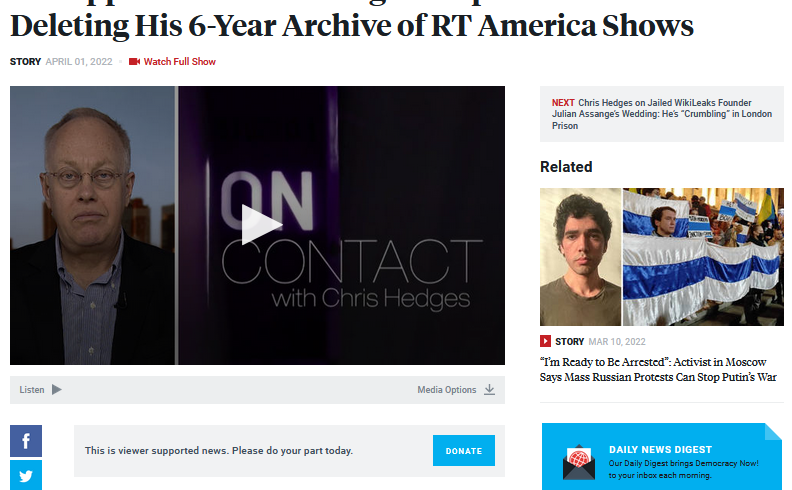 « Disparu » : Chris Hedges répond à YouTube, qui a supprimé les archives de six années de ses émissions diffusées par RT America