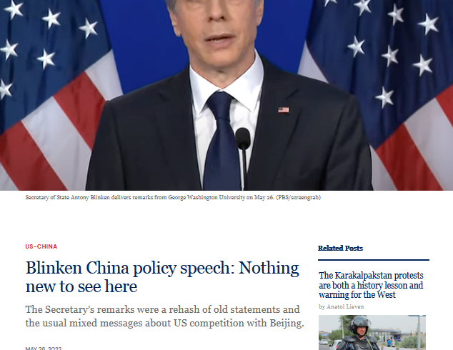 Allocution du secrétaire d’État Antony Blinken sur la politique à l’égard de la Chine. Rien de nouveau sous le soleil (traduction)