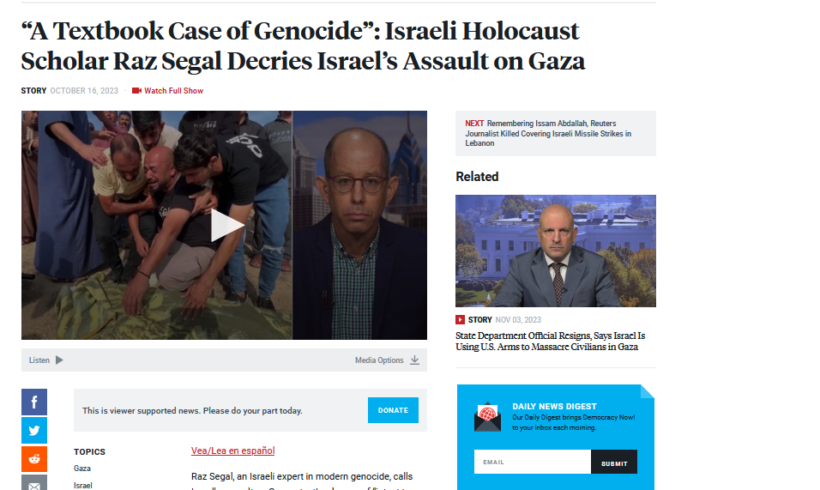 « Le parfait exemple d’un génocide » : Raz Segal, spécialiste israélien de l’Holocauste, dénonce l’assaut d’Israël sur Gaza » (traduction)
