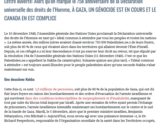 Lettre ouverte du 11-12-2023: À Gaza, un génocide est en cours et le Canada en est complice