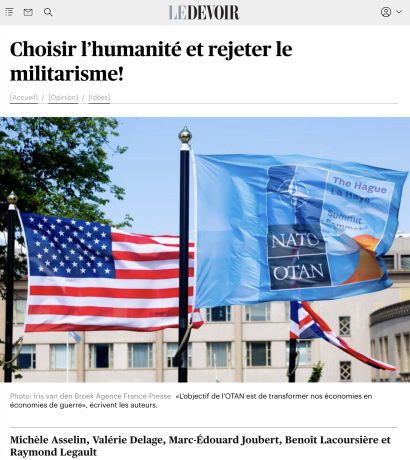 « Choisir l’humanité et rejeter le militarisme! », Le Devoir, 20 septembre 2025