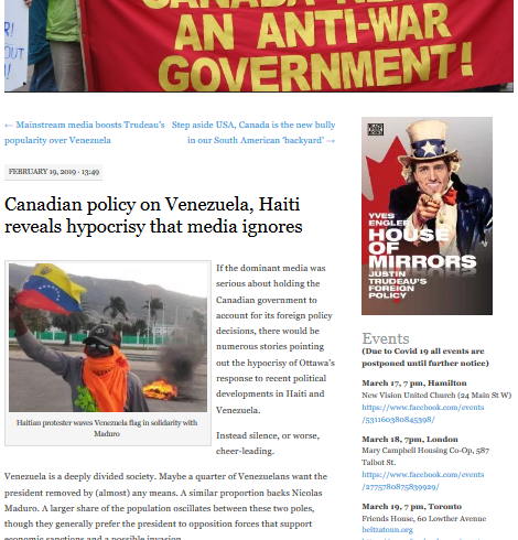19-02-2019: La politique canadienne à l’égard du Venezuela et d’Haïti révèle une hypocrisie ignorée par les médias. Traduction d’un texte de Yves Engler