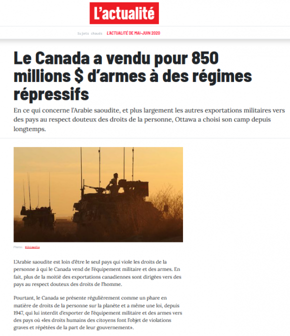 Le Canada a vendu pour 850 millions $ d’armes à des régimes répressifs ...