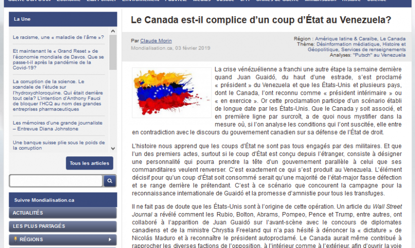 Le Canada est-il complice d’un coup d’État au Venezuela? Textes de Claude Morin